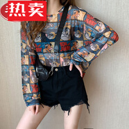 蕉京印花網(wǎng)紗打底衫春夏新款冰絲女薄款夏季內(nèi)搭防曬上衣泫雅T恤 貓和老鼠 均碼