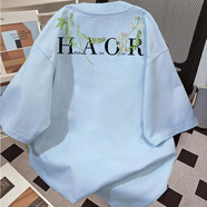 蘇愚100%純棉美式新中式花卉花環(huán)短袖T恤女夏季寬松潮牌上衣半袖男情 190克-淺藍 2XL 建議140-160斤
