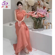 夕系2025年春夏網(wǎng)紅新款時(shí)尚連衣裙超仙女神范歐根紗荷葉邊長(cháng)款禮服裙 粉紅色【連衣裙】正版質(zhì)量 2XL 建議125-135斤