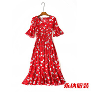 萱圖婭夏季新款清涼棉綢長裙 喇叭袖魚尾連衣裙 顯瘦V領(lǐng)荷葉邊碎花長裙 韓紅色白玫瑰 M