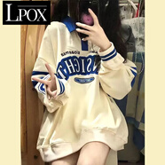LPOX美式復(fù)古秋冬國(guó)潮印花polo衫翻領(lǐng)撞色衛(wèi)衣女寬松BF慵懶風(fēng)厚外套女 杏色[春季薄款] S 適合60-85斤