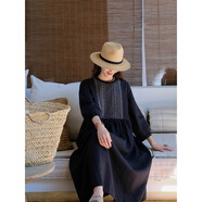 知筆墨春款新品純亞麻豎條紋撞色花線(xiàn)中長(cháng)裙 八分泡泡袖文藝復古連衣裙 素黑色 M