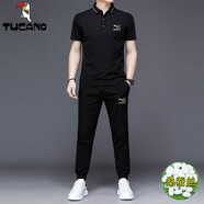 啄木鳥夏季桑蠶絲套裝男士休閑運動翻領(lǐng)polo衫刺繡冰.絲透氣短袖t恤男 8720獵豹B黑色長褲套裝 2XL 180/ 建議145-165斤
