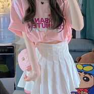 FHHUABD甜美可愛套裝女學(xué)生夏季新款清新寬松印花短袖百褶裙小個子兩件套 上衣+白色百褶裙 有安全褲 M  85-95斤