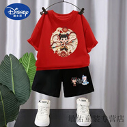迪士尼哪吒t恤兒童套裝夏裝2025新款夏季男女童純棉短袖休閑運動(dòng)兩件套t 紅色T恤哪吒11+黑短褲A171 130 (建議身高115-125CM)