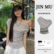 斤慕條紋斜肩短袖T恤女2025辣妹純欲風(fēng)修身露肩獨特設計感上衣女 條紋S