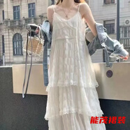 萱眸減齡蕾絲領(lǐng)度假吊帶連衣裙女夏季新款洋氣中長(zhǎng)款沙灘裙收腰蛋糕裙 白色連衣裙 4XL 建議160-180斤