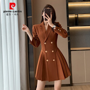 皮爾卡丹（pierre cardin）秋冬小眾設計法式氣質(zhì)收腰大紅色長(cháng)袖百褶西裝裙小個(gè)子連衣裙 LLY-8615焦糖色 M