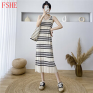 FSHE長(cháng)款休閑條紋針織背心連衣裙女春秋季新款法式顯瘦無(wú)袖打底吊帶裙 杏條紋 XL （建議120-135體重）