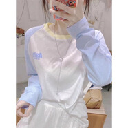 冠貿裴歐貨花朵印花拼色網紗長袖恤女夏薄款 白拼藍(薄款防曬) M 90-110斤