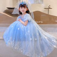 茨語愛莎公主裙女童夏季連衣裙冰雪奇緣童裝兒童長款艾莎蓬蓬網(wǎng)紗裙子 藍裙子+披紗（不含頭飾） 120