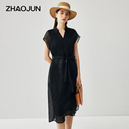 兆君2025春夏桑蠶絲新款短袖提花連衣裙女寬松系帶真絲裙子 黑色 XL