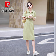 皮爾卡丹氣質牛仔連衣裙女夏季2025新款小個子收腰工裝連身裙顯瘦襯衫裙子 綠色 L