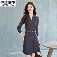 伊雅露莎高端職業(yè)西裝連衣裙長袖秋季新款商務(wù)中裙休閑面試工作服裙子670 灰色連衣裙+腰帶 L