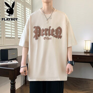 花花公子（PLAYBOY ESTABLISHED 1953）短袖t恤男士夏季2025新款寬松青少年港風(fēng)帥氣圓領(lǐng)體恤衫 K6801杏色 M  80-125斤