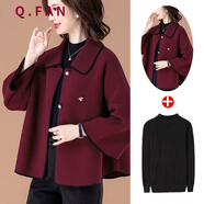 恰凡（QIAFAN）媽媽裝秋裝洋氣毛呢外套中年女短款中老年女裝高貴呢子老年人衣服 A8L15D6B15 酒紅色+打底衫 4XL （適合130-145斤）