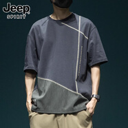 JEEP SPIRIT正品吉普高端短袖男設計感拼接t恤男寬松大碼夏季純棉男裝上衣男 3036深灰T恤 XL 碼 145-160斤左右
