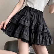 沂歆秋季裙子女短裙半身裙高級感2025新款小個(gè)子百褶蛋糕蓬蓬花苞紗裙 【黑色】雙層網(wǎng)紗蕾絲短裙 均碼 【建議體重約80-120斤】