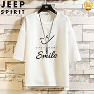 JEEP SPIRIT夏季七分短袖t恤男學(xué)生韓版潮流7分中袖寬松時(shí)尚胖子大碼半袖體恤 DQ21L04白色 3XL 160至180斤可穿2