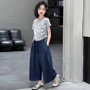 迪士尼（Disney）女童套裝2025夏季新款兒童短袖牛仔闊腿褲九分褲兩件套女大童夏裝 蝴蝶T恤純色牛仔褲套裝 160 （建議身高145-155CM）