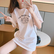 曼蓄短袖t恤女2025夏季新款韓版寬松百搭顯瘦遮肉中長(zhǎng)款圓領(lǐng)印花半袖 白色【Bunnies簡(jiǎn)筆兔】 2XL
