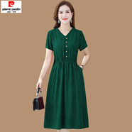 皮爾卡丹（pierre cardin）短袖棉綢連衣裙2024新款女裝夏季氣質(zhì)小個(gè)子?jì)宮媽新款高貴優(yōu)雅裙 墨綠色 XL 建議90-105斤