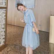 兔嵐歐根紗襯衫連衣裙超好看獨特漂亮網(wǎng)紗拼接女夏2025小眾藍色a字裙 藍色版 M 【111-125斤】
