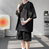 主意范（ZHUYIFAN）夏季大碼運(yùn)動(dòng)套裝男T恤涼感垂感冰絲短袖襯衫五分短褲潮兩件套 TZ769黑色 5XL 210-240斤