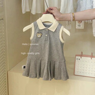 HUALIN FASHION女童夏季新款灰色繡花小熊學(xué)院風(fēng)裙子寶寶洋氣polo裙背心連衣裙潮 翻領(lǐng)小熊背心裙【灰色】 48