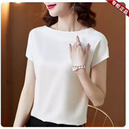 羅蒙（ROMON）真絲上衣女短袖上衣春夏時(shí)尚寬松醋酸緞面闊太太小衫桑蠶絲T 白色 《氣質(zhì)洋氣減齡歐貨女裝》 3XL 尺碼偏大建議拍小一碼