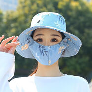 暢印采茶帽女遮陽(yáng)帽防曬下地干活最新款百搭大帽檐遮臉口罩一體防曬帽 藍(lán)色柳枝