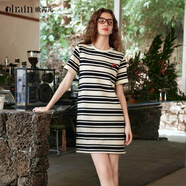 Olrain歐芮兒法式夏季新款條紋休閑時(shí)尚連衣裙小個(gè)子顯瘦長(cháng)裙 黑白條紋 M