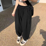 FHHUABD胖妹妹大碼冰絲運動褲女夏薄款微胖休閑哈倫小腳褲遮肉九分燈籠褲 702#黑色 (高端好品質) 4XL 建議195-225斤