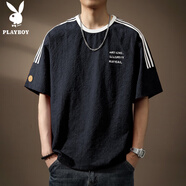 花花公子;PLAYBOY高端冰絲涼感速干泡泡紗短袖t恤男寬松印花圓領(lǐng)夏季薄款半袖體恤 黑色 L 適合130-145斤