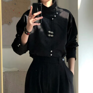 S.SOFEA國風潮牌男襯衫春秋季寬松純色休閑高街小眾風格襯衣 黑色 20 3XL