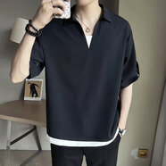 嘉曄（JIAYE）冰絲polo衫短袖T恤男士夏季薄款假兩件襯衫v領(lǐng)半袖休閑上衣上衣男 黑色 M
