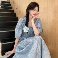 皮爾卡丹（pierre cardin）藍色印花泡泡袖連衣裙夏季女2025新款法式復古遮肉顯瘦長(cháng)款公主裙 藍色裙 M 【111斤-125斤】