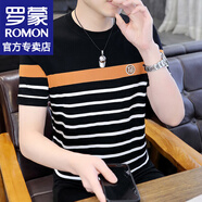 羅蒙（ROMON）冰絲短袖t恤男士夏季薄款速干條紋短袖男打底衫半袖上衣服男裝 WE958橙條紋 2XL (約135-145斤可穿)