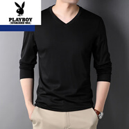 花花公子（PLAYBOY）長(cháng)袖t恤男V領(lǐng)雙絲光純棉春秋裝純色內搭新款雞心領(lǐng)潮流打底體恤衫 T756黑色 4XL 190/58