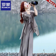 羅蒙（ROMON）灰色連衣裙女夏季新款防曬襯衫吊帶裙搭配夏裝一整套裝長裙子 灰衣+灰裙【兩件套】 2XL【建議125-140斤】