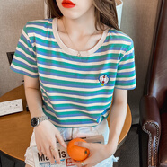 以純（YISHion）時尚刺繡條紋短袖t恤女純棉女裝夏裝2025年新款韓版潮ins圓領(lǐng)上衣 2024#寶石綠條紋 M 適合100-109斤