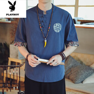 花花公子（PLAYBOY）亞麻七分袖T恤男中國風(fēng)復古水洗大碼夏季v領(lǐng)t恤男潮牌百搭半袖男 太陽(yáng)花藏青 5XL