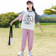 柚一杉女童夏裝兒童套裝女孩洋氣短袖T恤中大童透氣束腳防蚊褲兩件套 粉色 140 （建議身高135cm左右）
