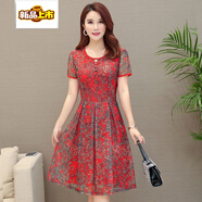 初徑夏季印花網(wǎng)紗中老年短袖雪紡連衣裙媽媽裝中長(cháng)款洋氣40-50歲女裝 老紅色 L 85-102斤