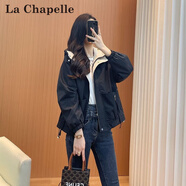 拉夏貝爾（La Chapelle）短外套女裝2025年春秋新款韓版寬松連帽小個(gè)子外套風(fēng)衣上衣夾克女 黑色 L 建議105-115斤