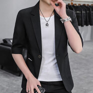 迅特森西服男士夏季薄款七分袖外套男半袖發(fā)型師休閑韓版修身中袖小西裝 黑色 尺碼偏小，寬松可拍大一碼 L （95-110斤）