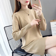FHHUABD加絨/不加絨毛衣女中長款寬松套頭韓版秋冬季純色百搭針織打底衫 淺咖 L 建議105-115斤