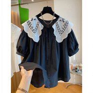 姿偉祺大碼顯瘦蕾絲娃娃領(lǐng)短袖上衣 黑色【少量現貨】 4XL 建議 250-300斤