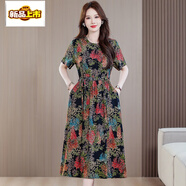 初徑中年媽媽裝棉綢連衣裙女夏季短袖中長(cháng)款寬松大碼顯 519--2號花色 XL 90--110斤