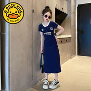 G.duck夏季女童連衣裙網(wǎng)紅爆款中大童直筒裙韓版洋氣學(xué)院風(fēng)小女孩休閑裙 藏青色直筒裙 160